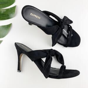 New Express Strappy Bow Heels Slip On Faux Black Suede Sandals Women’s 10